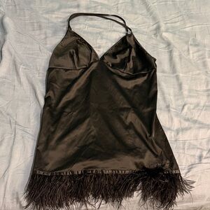 Sleek Black Satin Chemise with Feather Hem
